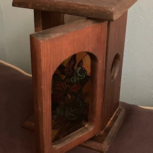 Vintage Wooden Box Stained Glass Butterfly Candle Holder - Picture 6 of 6